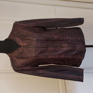 Distressed Faux Leather Jacket biker moto jacket brown size M zippered front